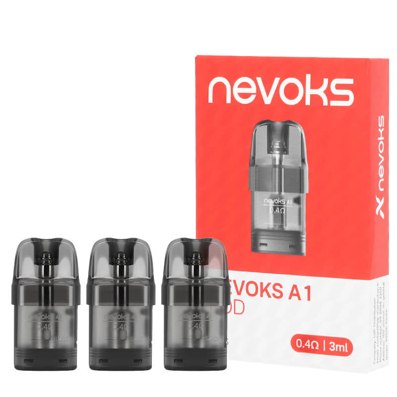 Nevoks A1 vape pods with 0.4Ω coil and 3ml capacity, shown with red packaging