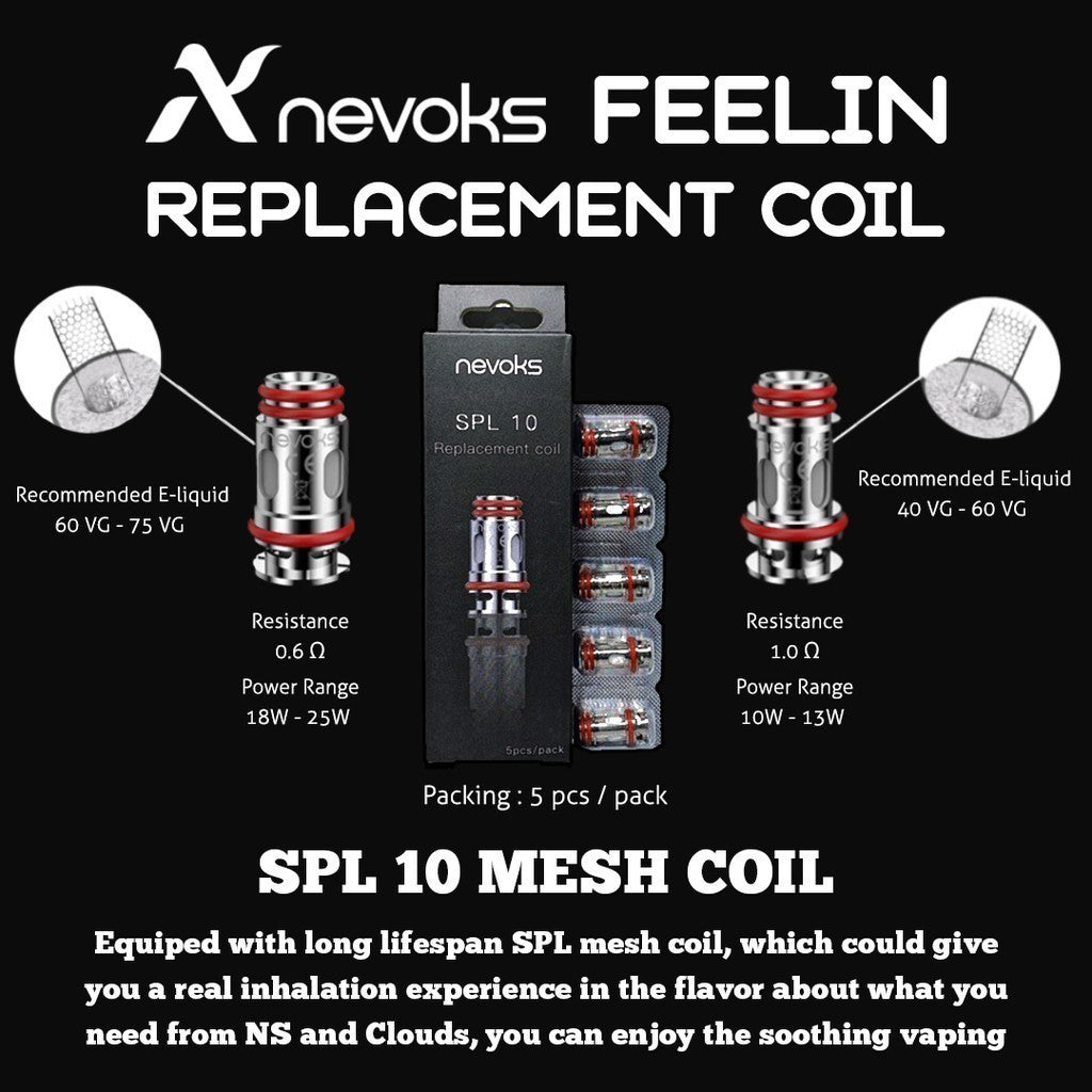 Nevoks FEELIN SPL 10 mesh replacement coils for vaping, 0.6Ω and 1.0Ω options, 5-pack