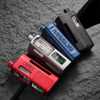 Premium vape devices in red, silver, blue, and black with digital displays on textured surface