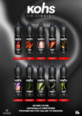 Kohs e-liquid vape flavors including Strawberry Kiwi, Mango Peach, and Honeydew Melon in 15ml bottles