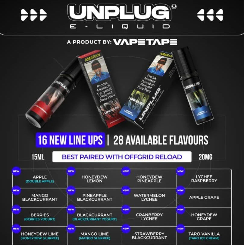 Unplug E-Liquid 15ml & 20mg vape juice with 28 flavors, best with Offgrid Reload, by Vapetape