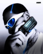 Person using OFFGRID vape device with blue LED lights, wearing futuristic sunglasses