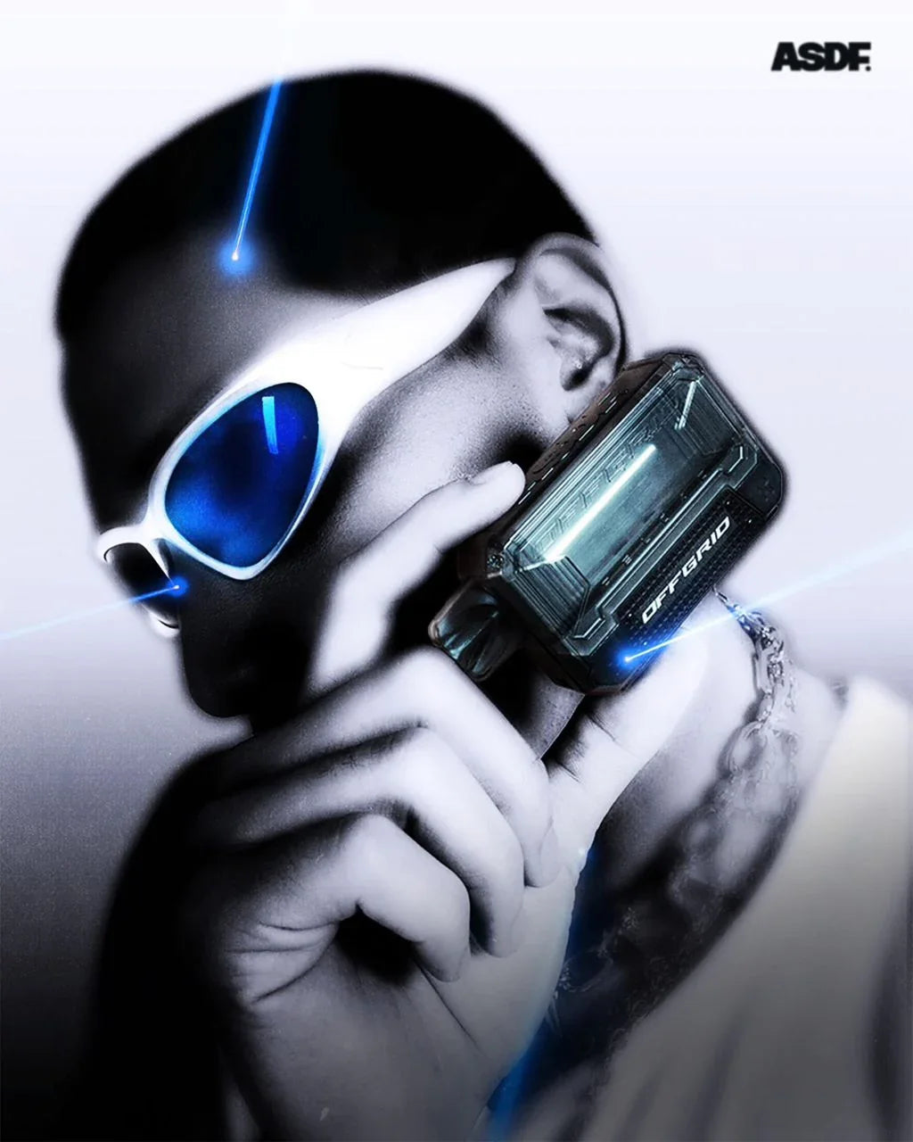 Person using OFFGRID vape device with blue LED lights, wearing futuristic sunglasses
