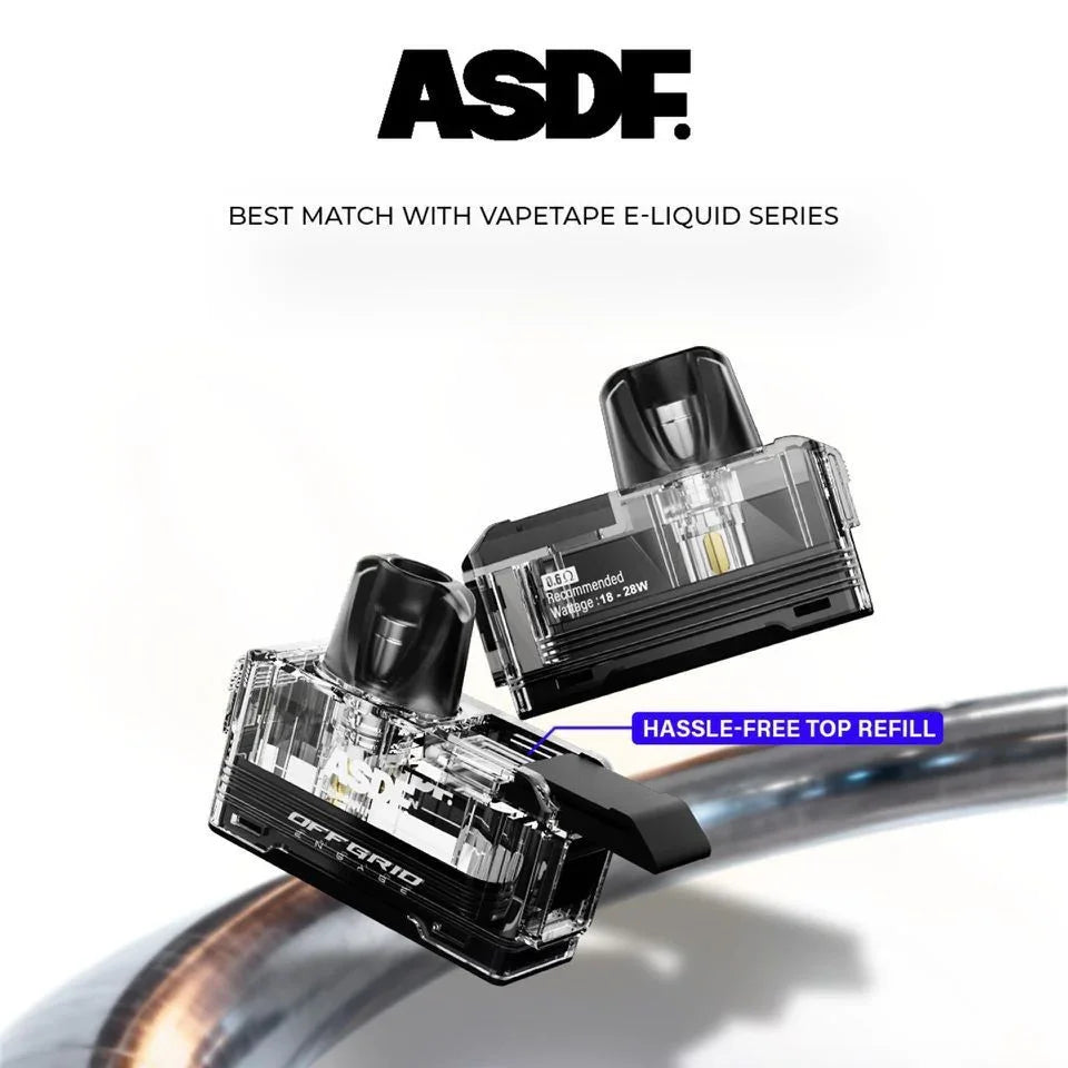 ASDF Off Grid vape pods with hassle-free top refill, compatible with VapeTape e-liquid, 0.6Ω coils