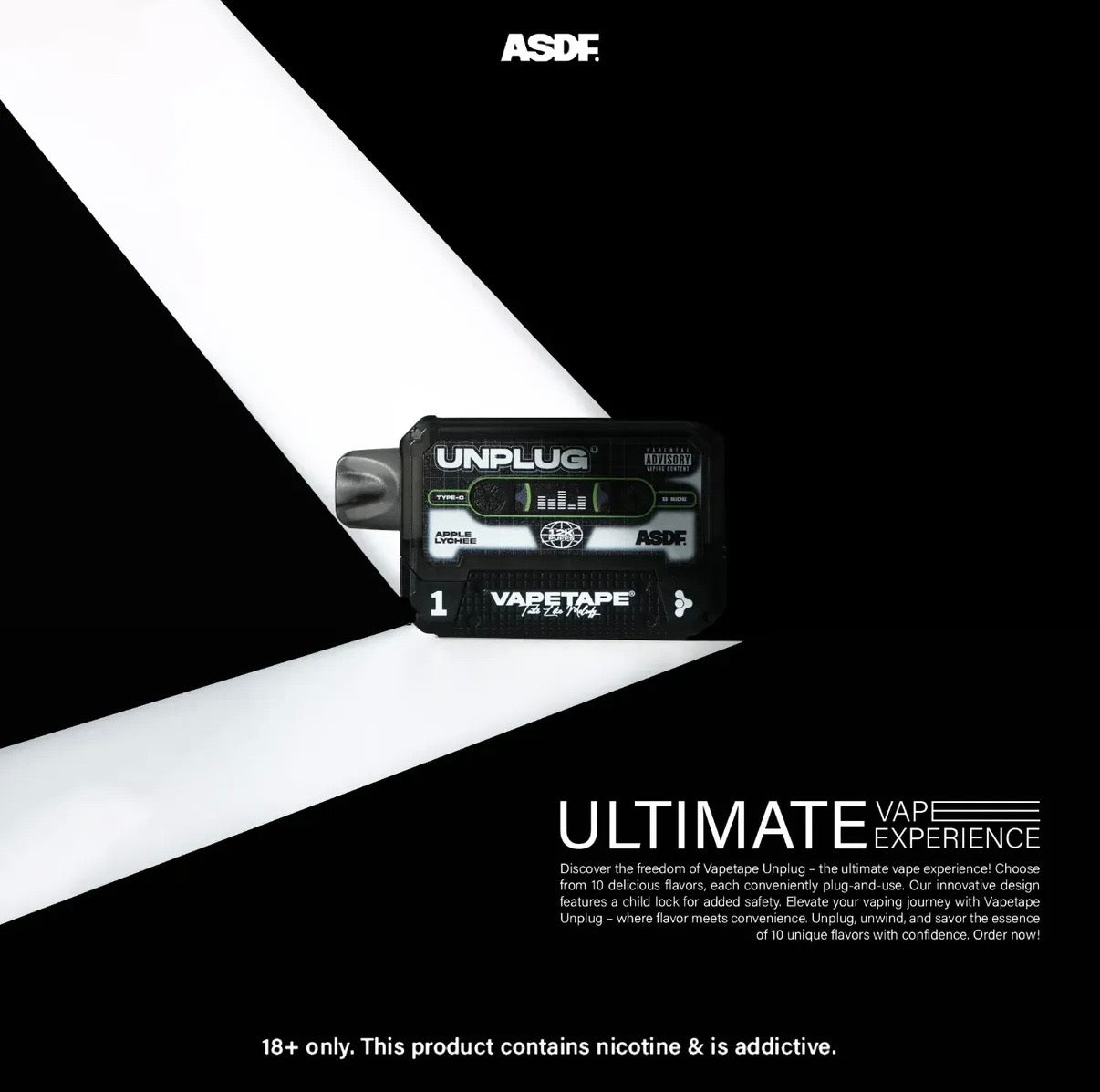 ASDF Vapetap Unplug disposable vape device, Apple Lychee flavor, sleek black design with Type-C charging