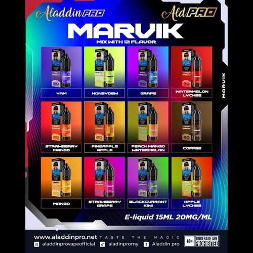 Aladdin Pro Marvik 12-flavor e-liquid collection, 15ml 20mg/ml vape juice in vibrant packaging