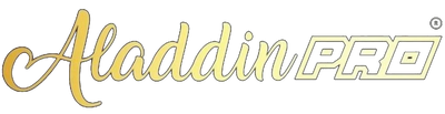 Aladdin PRO logo in gold script and block lettering