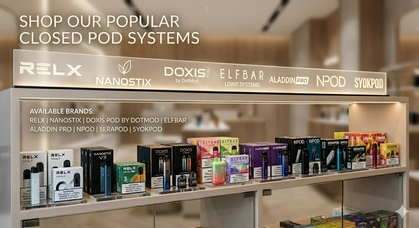 Popular closed pod vape systems display featuring RELX, Elf Bar, and Doxis Pod by DotMod