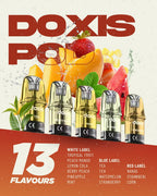 Doxis Pod vape cartridges with 13 fruit and tea flavors, featuring peach, strawberry, pineapple, and mint