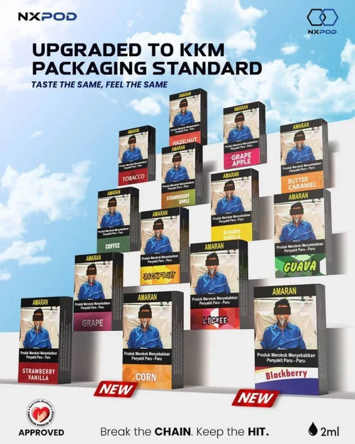 NXPOD vape pods in assorted flavors like grape, tobacco, and blackberry, upgraded KKM packaging, 2ml each