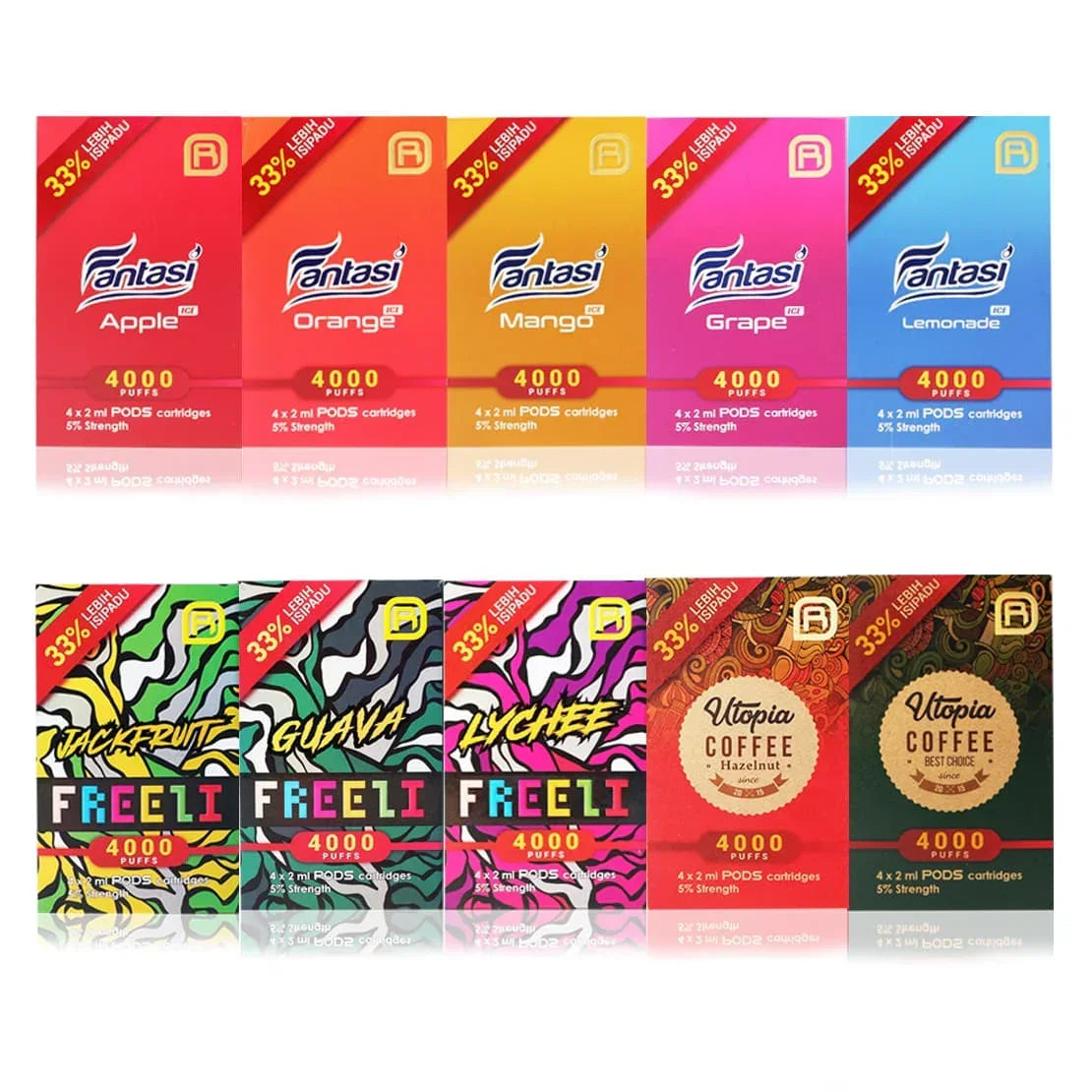 Fantasi and Freeli 4000 puff vape pods in Apple, Orange, Mango, Grape, Lemonade, Jackfruit, Guava, Lychee, and Coffee flavors