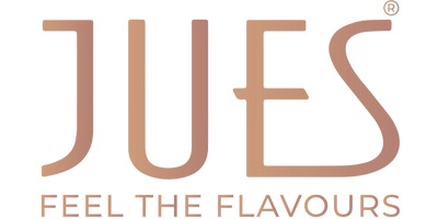 JUES logo with tagline 'Feel the Flavours' in gradient brown text