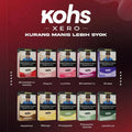 Kohs Xero flavored vape pods: Strawberry Vanilla, Peach, Lychee, Grape, Hazelnut, Mango, Pineapple, Pistachio, Jackfruit
