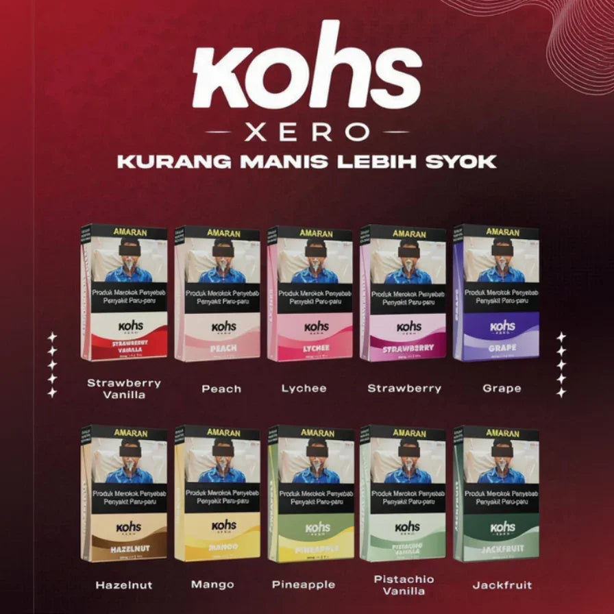 Kohs Xero flavored vape pods: Strawberry Vanilla, Peach, Lychee, Grape, Hazelnut, Mango, Pineapple, Pistachio, Jackfruit