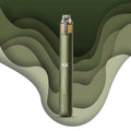 Sleek olive green Nanostix vape pen with NX logo, modern layered background design