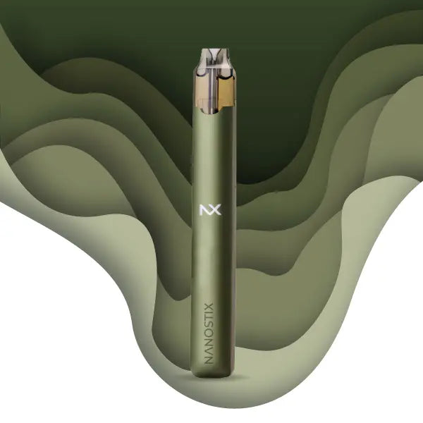 Sleek olive green Nanostix vape pen with NX logo, modern layered background design