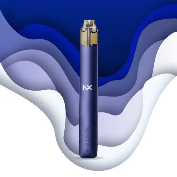 NX Nanostix vape device with sleek purple design and gold accents against abstract blue waves