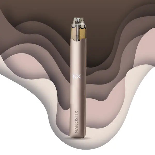 Nanostix NX disposable vape pen with sleek metallic design and layered abstract background