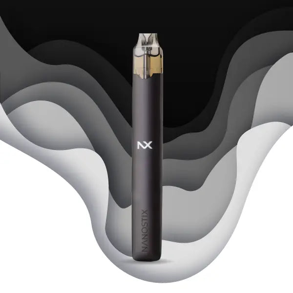 NX Nanostix disposable vape device with sleek black design and gold accents against abstract wave background