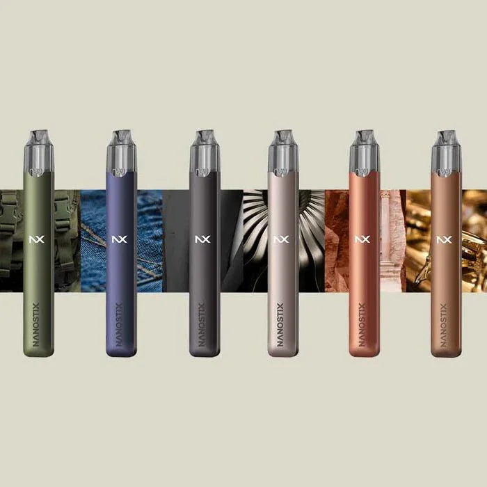 Six colorful Nanostix vape pens in olive, purple, gray, rose, copper, and brown tones