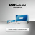 ASDF Neura Cotton Filter packaging and product display on a light gray background, featuring a large blue and white box, a smaller box, and a single filter pack.