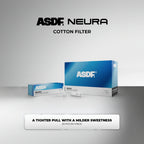 ASDF Neura Cotton Filter packaging and product display on a light gray background, featuring a large blue and white box, a smaller box, and a single filter pack.