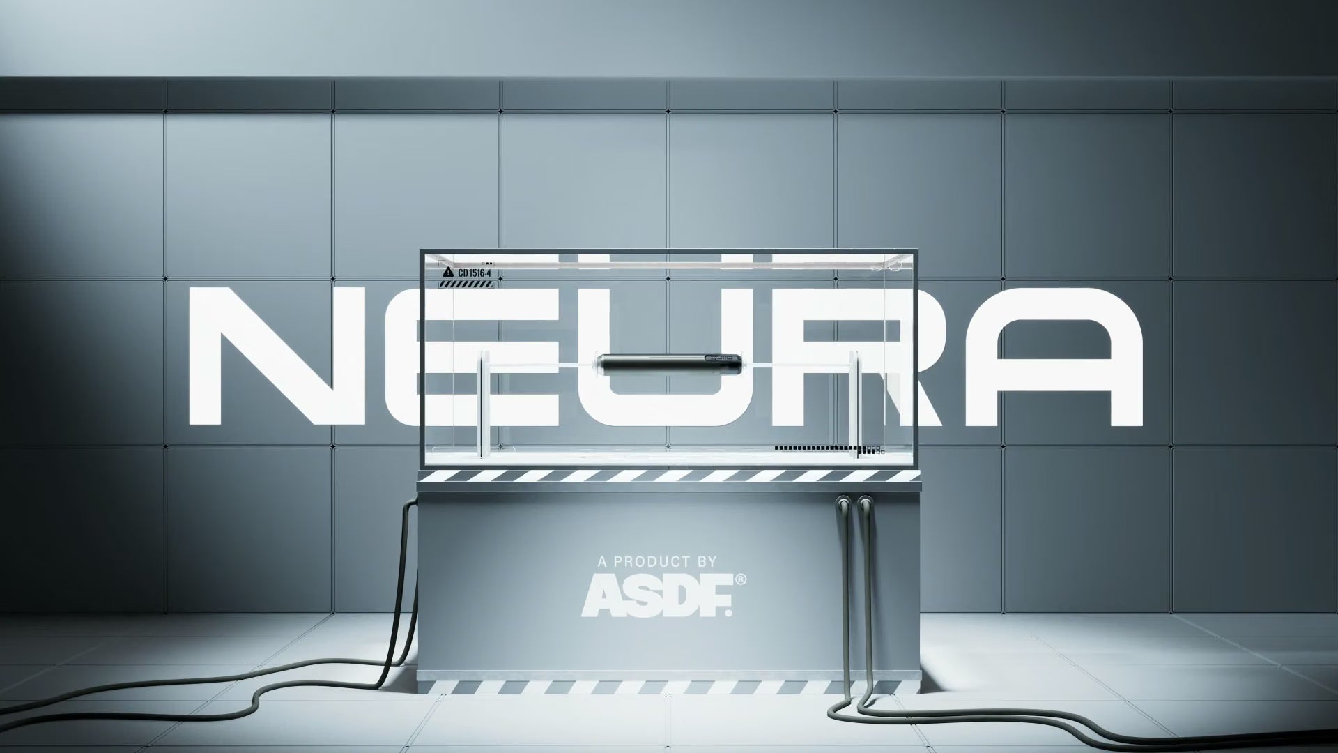 A futuristic gray display stand or enclosure with large white 'NEURA' lettering across the wall behind it and 'A PRODUCT BY ASDF' printed on the front. The setup is shown in a clean, stylized studio-like environment with cables on the floor and a metallic tiled background.