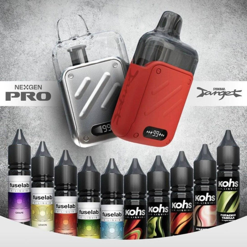 NexGen Pro and Target vape devices with Fuselab and Kohs e-liquids in assorted flavors
