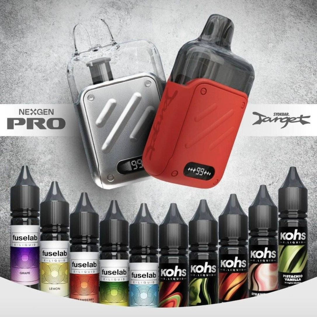 NexGen Pro and Target vape devices with Fuselab and Kohs e-liquids in assorted flavors