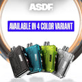 ASDF vape devices in 4 color variants: black, blue, green, clear