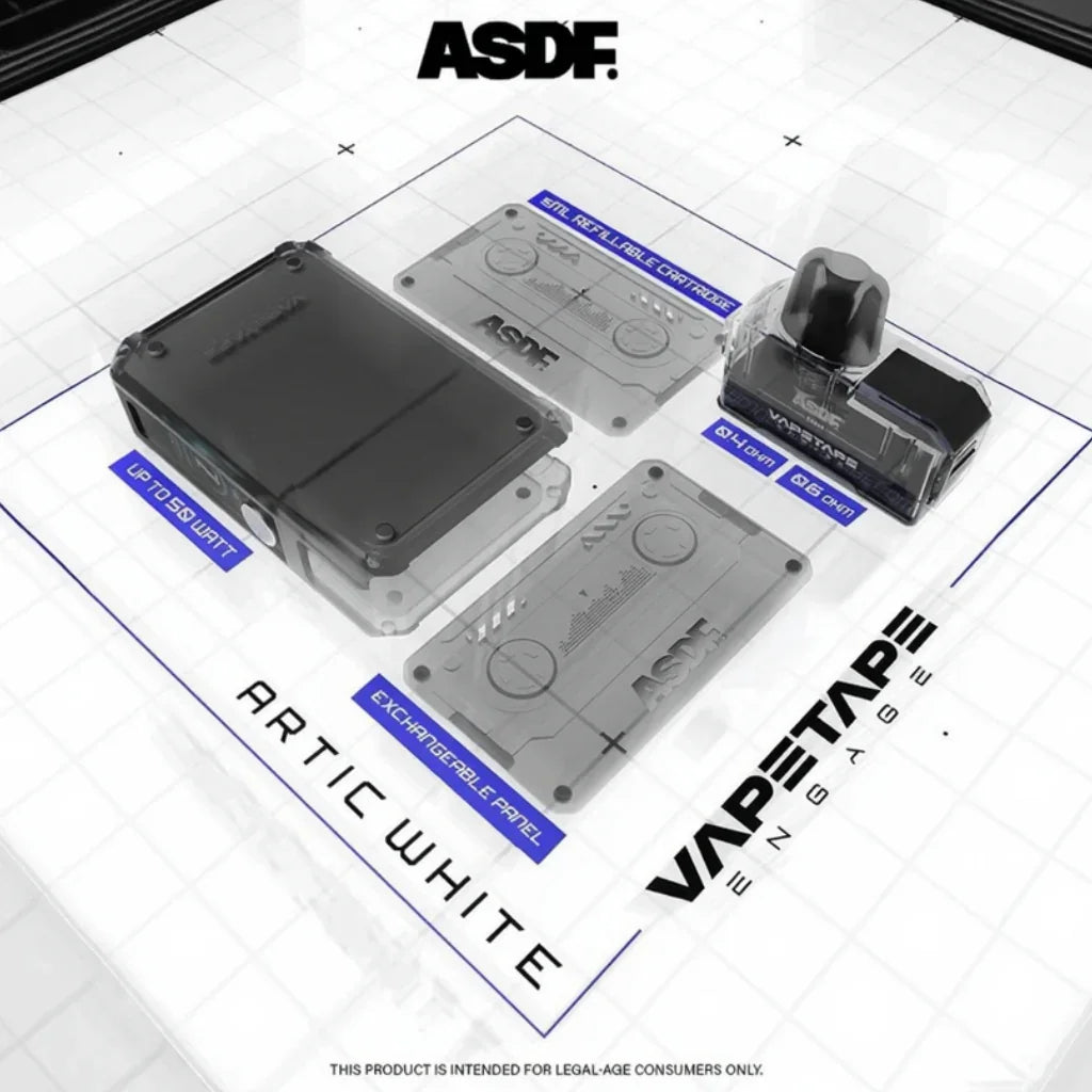 ASDF Vape Tape Artic White vape kit with refillable cartridges, 50W, exchangeable panel, 0.4Ω & 0.6Ω coils