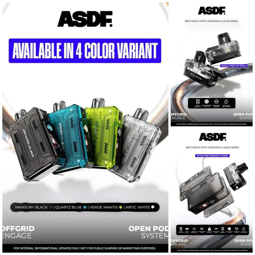 ASDF Offgrid Engage open pod system in 4 colors: black, blue, green, white with magnetic panel
