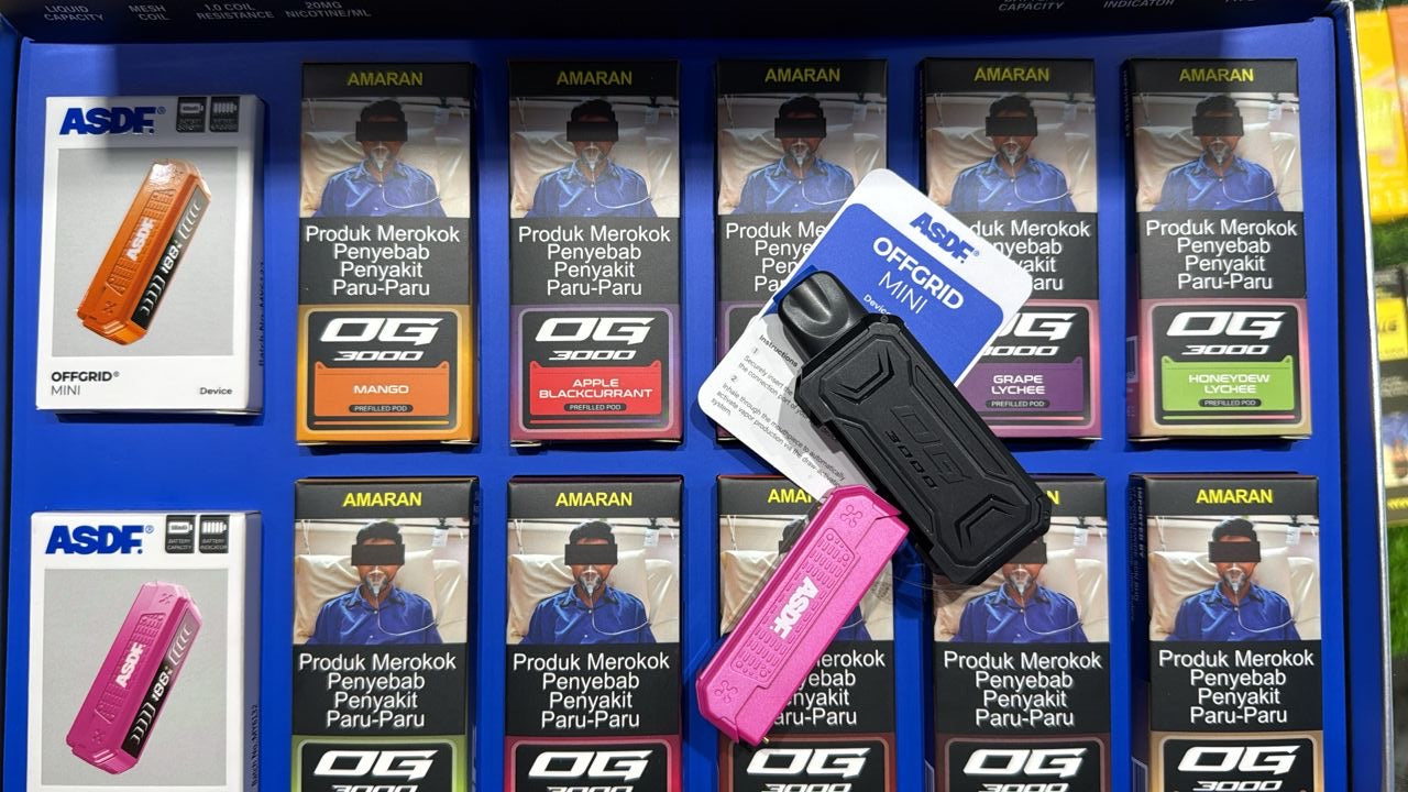ASDF Offgrid Mini vape device with prefilled pods in mango, apple, grape, and honeydew flavors displayed in retail box