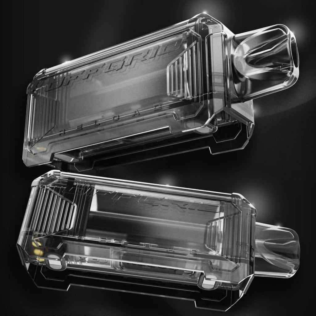 Transparent vape pods with 'OFFGRID' branding, sleek design for refillable vaping systems