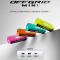 OFFGRID MINI vape device in hot pink, orange, turquoise, lime green with 500mAh battery and Type-C charging