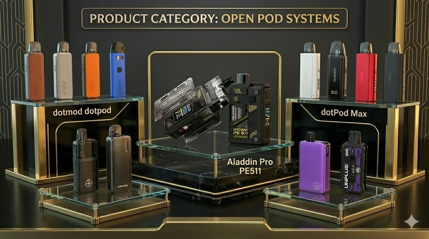Open pod vape systems display including Aladdin Pro PE511, dotmod dotpod, and dotPod Max in multiple colors