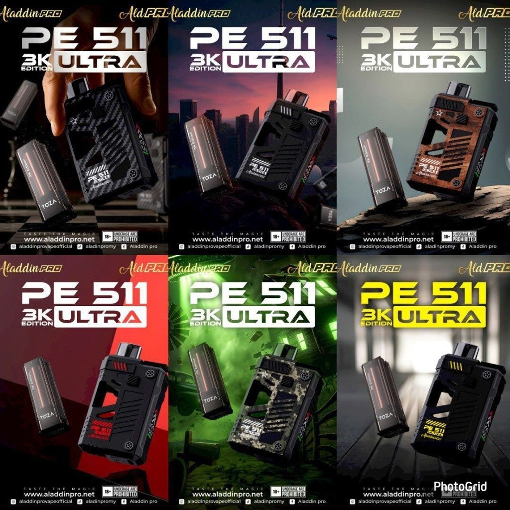 Aladdin Pro PE 511 3K Ultra vape device in multiple designs with TOZA pods, sleek portable vaporizer