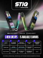 STIQ disposable vape pens with 15 flavors, mesh coil, 3ml liquid, 5 new lineups, colorful gradient designs