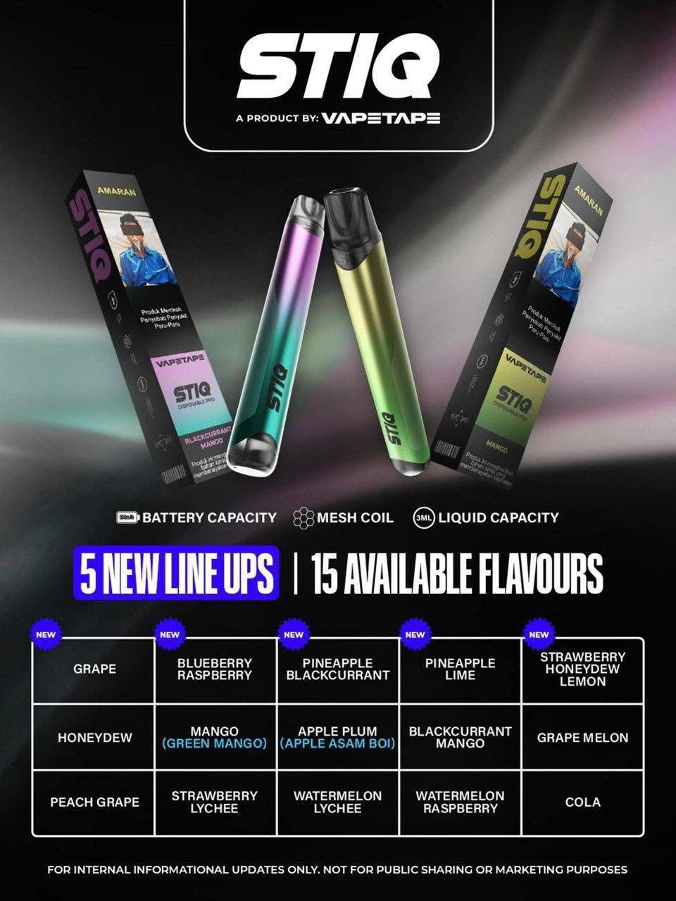 STIQ disposable vape pens with 15 flavors, mesh coil, 3ml liquid, 5 new lineups, colorful gradient designs