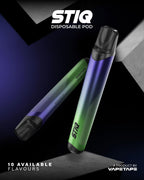 STIQ disposable vape pod in grape melon flavor, sleek design with 10 available flavors