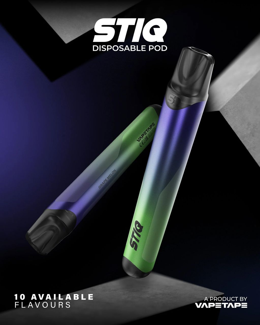 STIQ disposable vape pod in grape melon flavor, sleek design with 10 available flavors