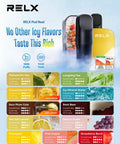 RELX Pod Real vape device with icy flavors like TieGuanYin Tea, Strawberry Burst, and Icy Mineral Water