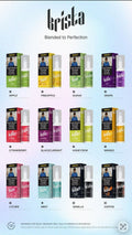 Krista vape juice flavors including apple, pineapple, grape, strawberry, and coffee in colorful bottles