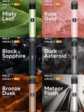 RELX Infinity 2 Plus vape devices in Misty Leaf, Rose Gold, Black Sapphire, Dark Asteroid, Bronze Dusk, Meteor Flash colors