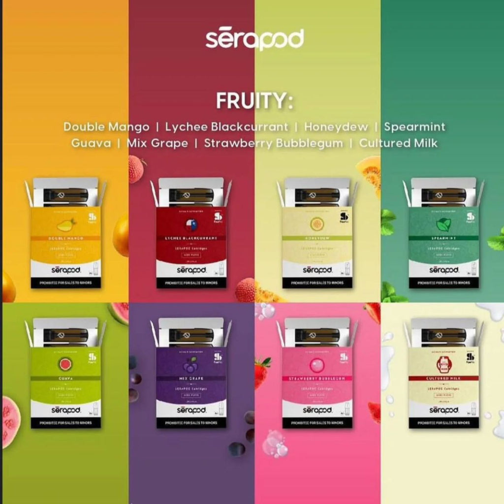 Sērapod fruity vape pods: Double Mango, Lychee Blackcurrant, Honeydew, Spearmint, Guava, Mix Grape, Strawberry Bubblegum, Cultured Milk