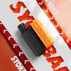 SYOKER disposable vape device with orange and black design on bold graphic background