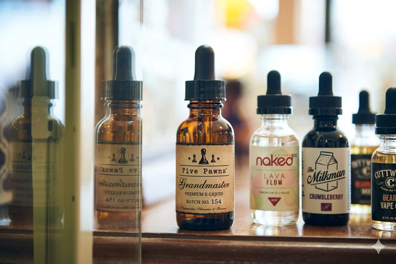 Assorted premium e-liquid bottles with dropper caps, featuring flavors like Grandmaster and Crumbleberry
