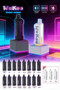 WaKoo Mini 4800 vape devices with adjustable airflow, dual mesh, 2% nicotine, in flavors like Strawberry Peach and Mango
