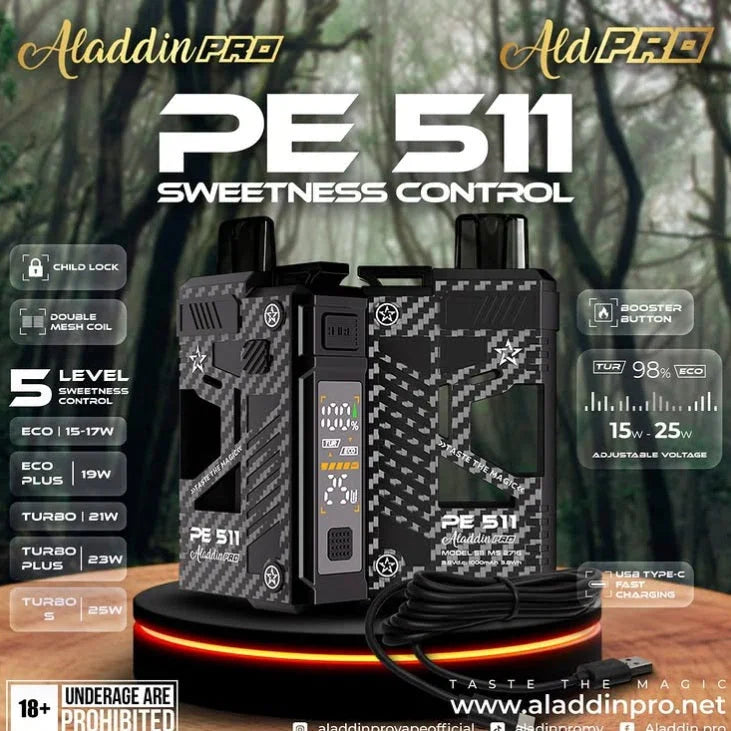 Aladdin Pro PE 511 vape device with sweetness control, adjustable wattage, and USB-C charging on display