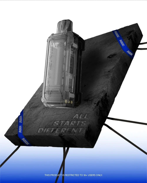 ASOF vape device on textured black display with blue accents, 'All Starts Different' engraved